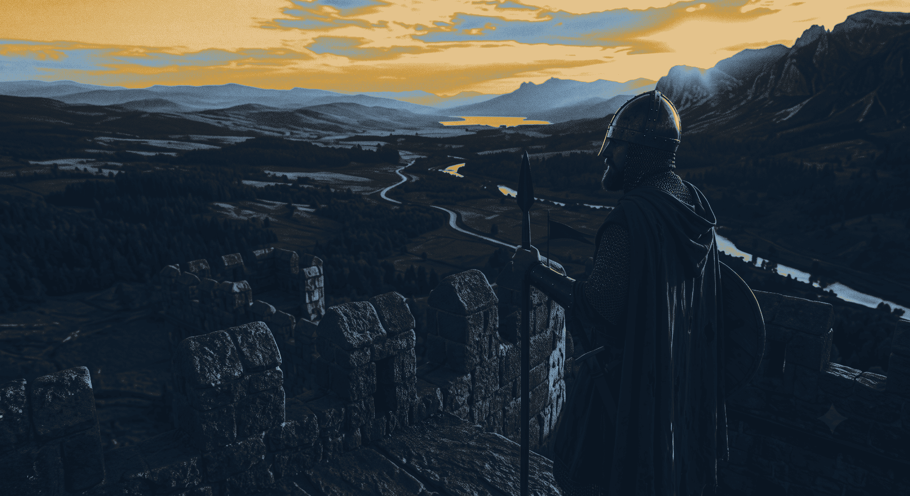 A sentry standing watch on a battlement at first light